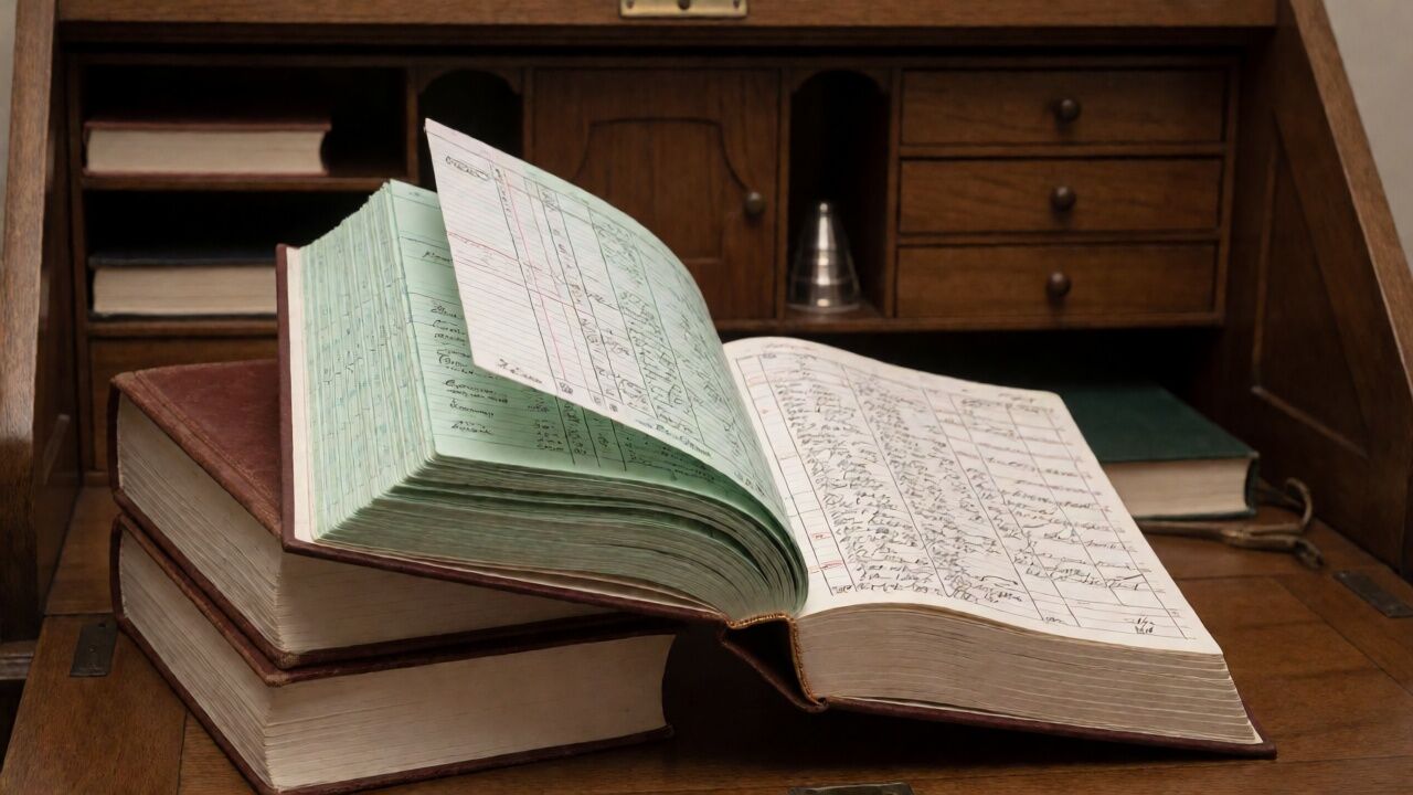 A stack of accounting ledgers on a rolltop desk