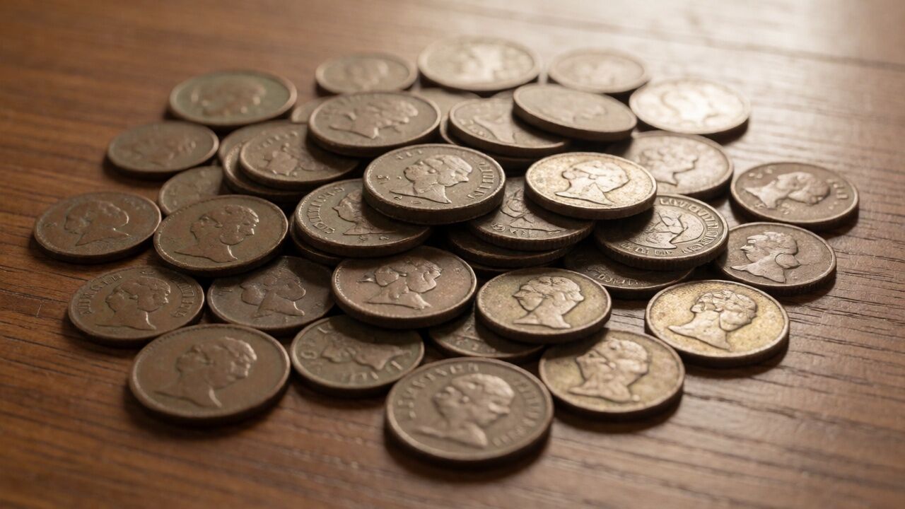 Antique coins scattered on a wooden table