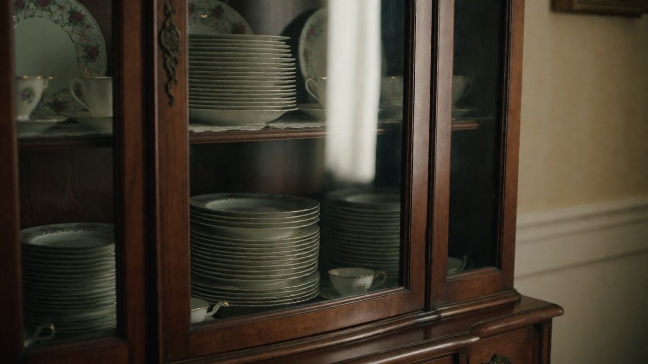 An antique china cabinet with stacked dishes