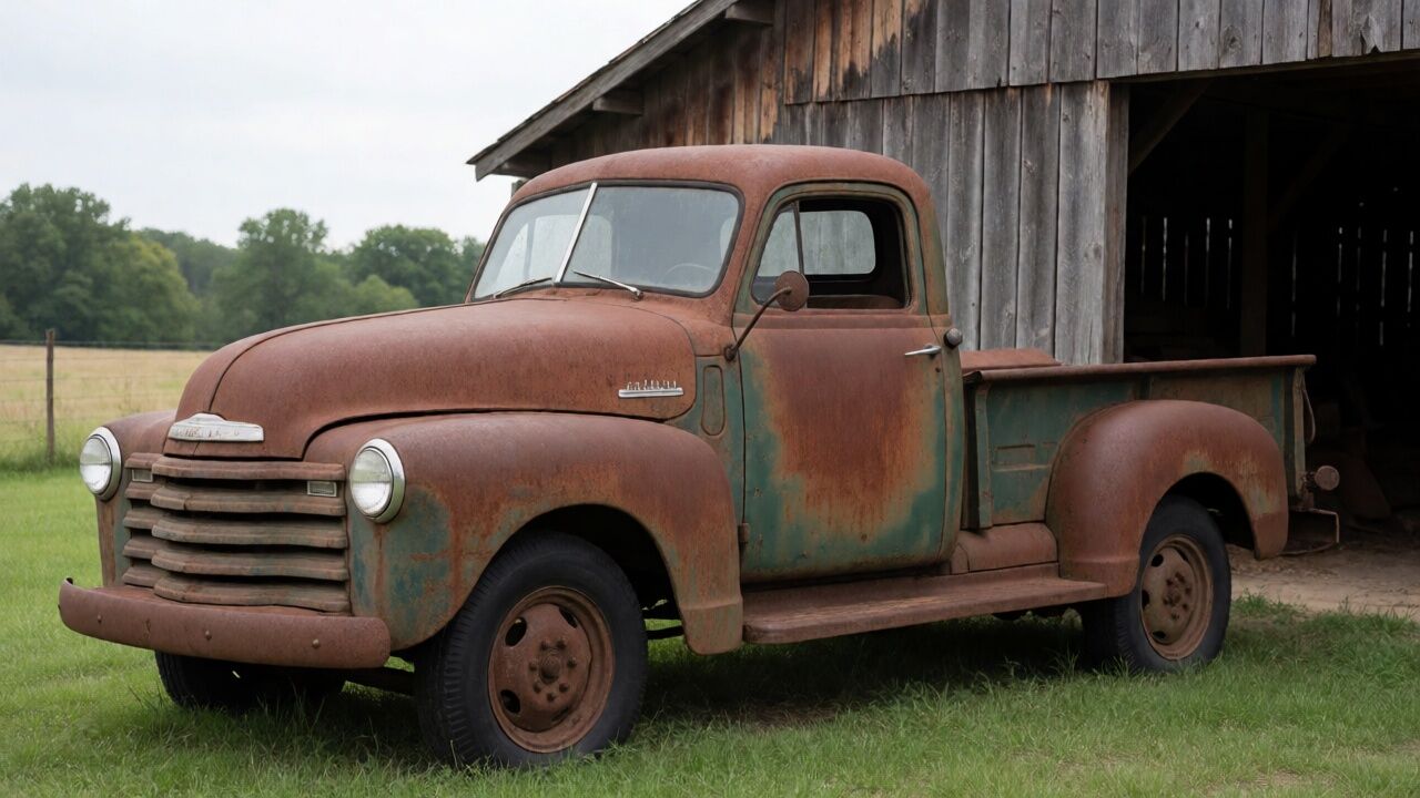 An old pickup truck parked beside a barn